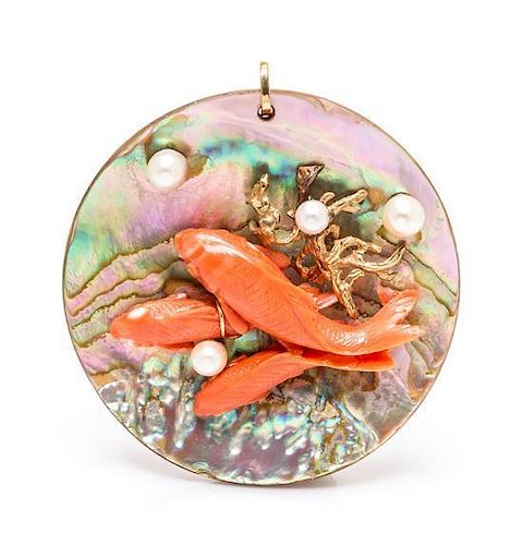 A Yellow Gold, Abalone, Coral and Cultured Pearl Pendant, Seaman Schepps, Circa 1950, 46.70 dwts.