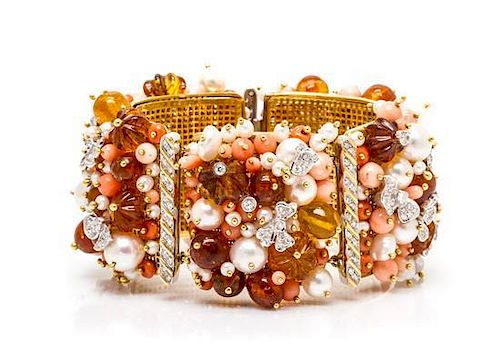 An 18 Karat Gold, Coral, Cultured Pearl, Amber and Diamond Bracelet, Italian, 95.60 dwts.