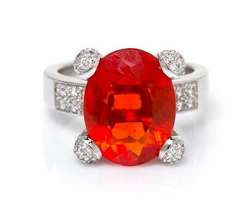 An 18 Karat White Gold, Fire Opal and Diamond Ring, Lillian H. Ostergard, 7.10 dwts.
