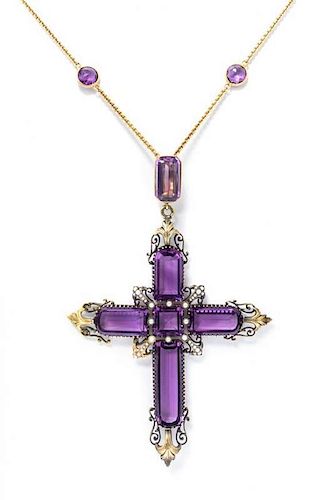 A Yellow Gold, Amethyst and Seed Pearl Cross Pendant, Early 20th Century, 22.05 dwts.