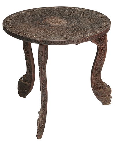 Indian Carved Hardwood Circular Low Table
