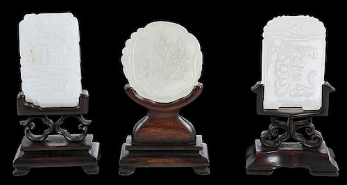 Three Carved Jade Plaques With Stands