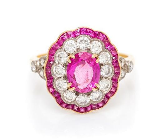A 14 Karat Yellow Gold, Diamond and Pink Sapphire Ring, 2.80 dwts.
