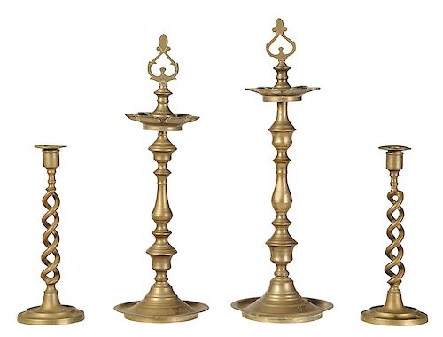 Four Indian Brass Candlesticks/Oil Lamps