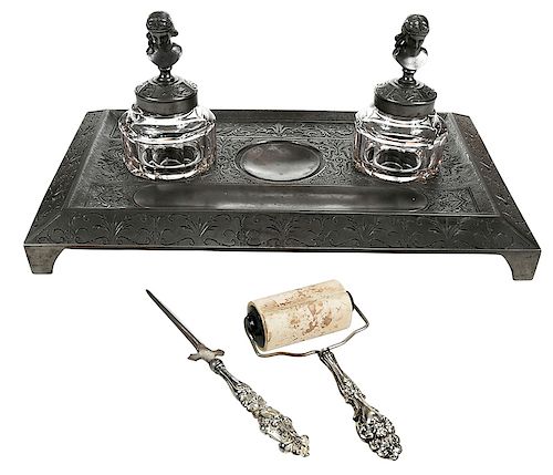 Cast Iron Desk Set With Glass Inkwells