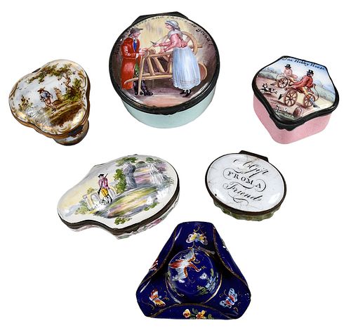 Six Decorated Enamel Patch or Snuff Boxes