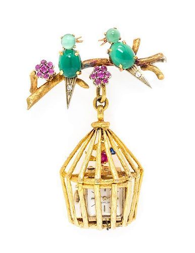 A Retro Yellow Gold and Multi Gem Birdcage Lapel Watch, Circa 1955, 15.40 dwts.