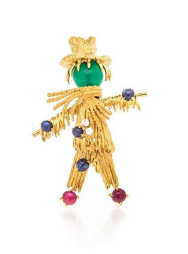 An 18 Karat Yellow Gold, Sapphire, Diamond, Ruby and Dyed Chalcedony Scarecrow Brooch, Van Cleef & Arpels, 15.45 dwts.