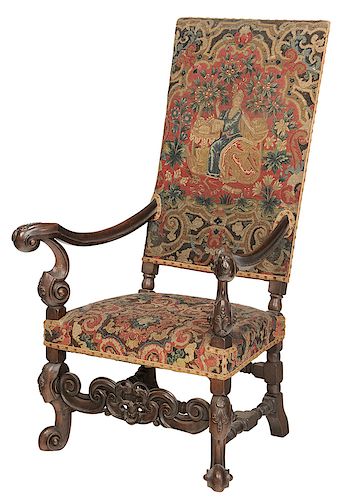 Flemish, Baroque Style Tapestry Open Arm Chair