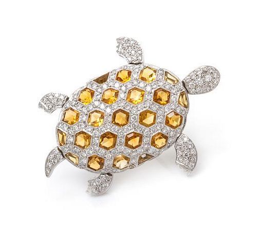 A Platinum, Citrine and Diamond Articulated Turtle Brooch, 7.30 dwts.