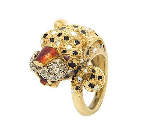 An 18 Karat Yellow Gold, Diamond, Ruby and Polychrome Enamel Leopard Ring, Italian, 10.90 dwts.