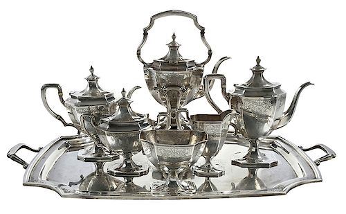 Six Pieces Sterling Tea Service with Tray