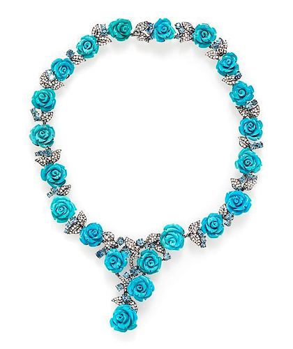 An 18 Karat White Gold, Turquoise, Aquamarine and Diamond Necklace, Michele della Valle, 68.80 dwts.