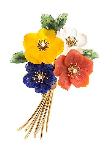 A Yellow Gold, Diamond, Lapis, Nephrite, Dyed Chalcedony and Rock Crystal Flower Brooch, Circa 1930, 18.50 dwts.