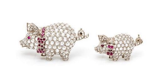 A Pair of 18 Karat White Gold, Diamond and Ruby Pig Pins, 7.00 dwts.