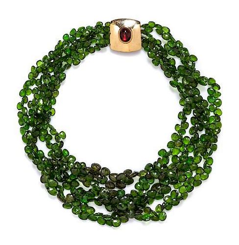 A 14 Karat Yellow Gold and Chrome Diopside Bead Multistrand Necklace, 53.20 dwts.