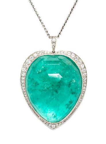 A Platinum, Diamond and Emerald Pendant Necklace, 17.00 dwts.