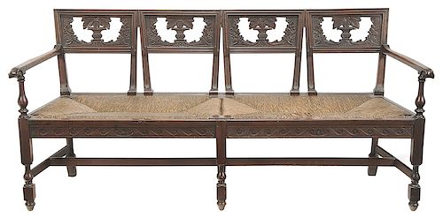 Neoclassical Carved Walnut and Rush Seat Bench
