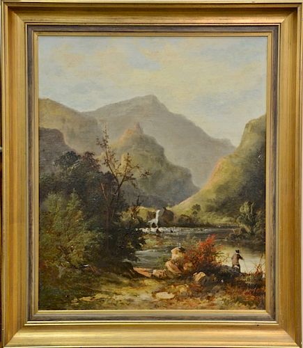 American 19th century, oil on canvas, Mountainous Landscape with Figure Fishing Stream, unsigned, original Cates Auction Hall Receip...