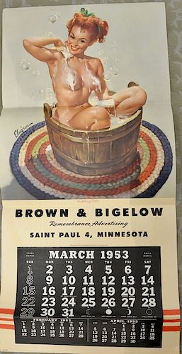 Two Gil Elvgren 1953 twelve month advertising calendars by Brown and Bigelow including Remembrance Advertising "Bubbling Over" (28" ...