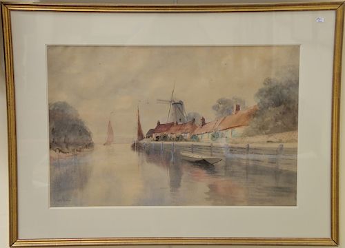 Louis Kinney Harlow (1850-1913), watercolor, Windmill on River's Edge, signed lower left: Louis K. Harlow, 19" x 29".