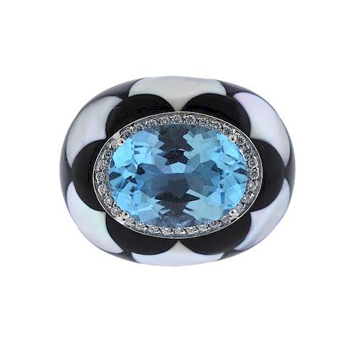 18K Gold Diamond Blue Topaz Onyx MOP Inlay Ring