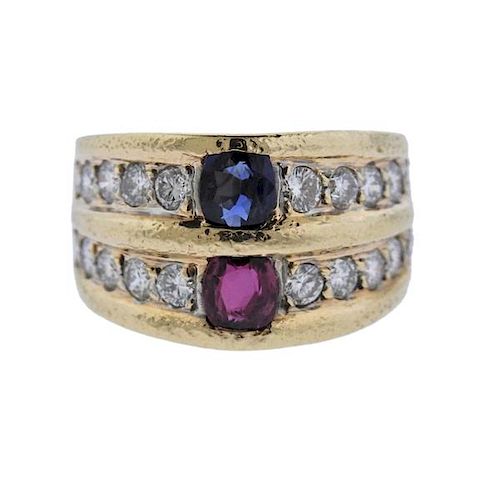 14k Gold Ruby Sapphire Diamond Ring 