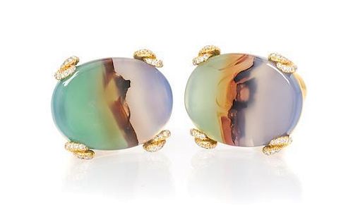 A Pair of 18 Karat Yellow Gold, Picture Agate and Diamond Cufflinks, Mauboussin, 12.30 dwts.