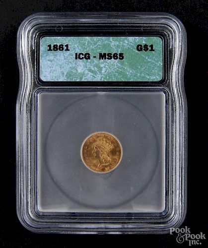 Gold Indian Princess dollar coin, 1861 type 3, ICG MS-65.