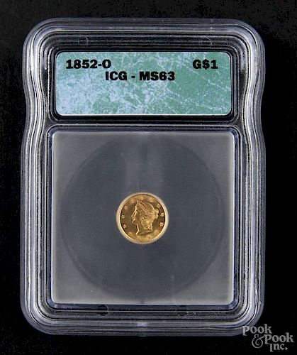 Gold Liberty Head one dollar coin, 1852 O, ICG MS-63.