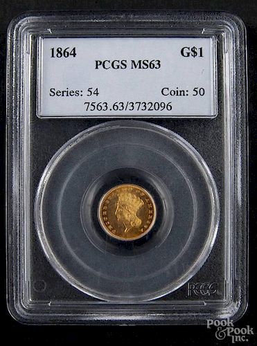 Gold Indian Princess dollar coin, 1864, PCGS MS-63.