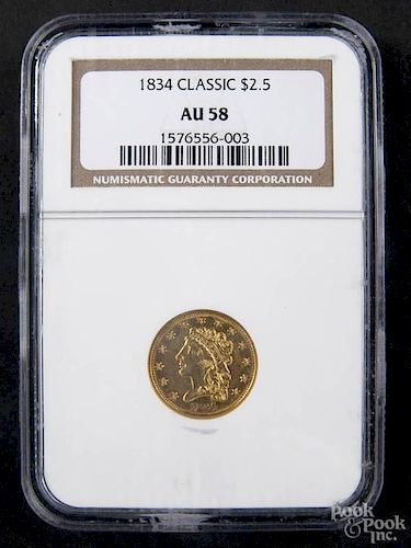 Gold Classy Head two and a half dollar coin, 1834, NGC AU-58.