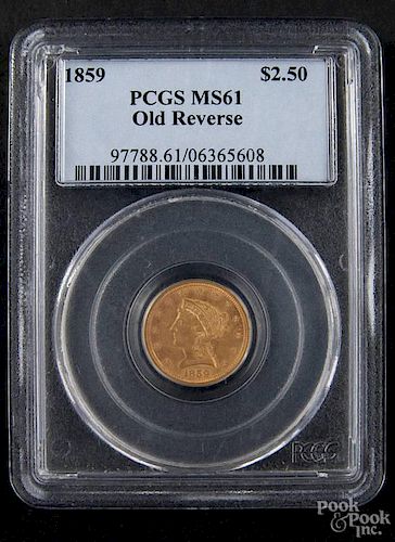 Gold Liberty Head two and a half dollar coin, 1859 (old reverse), PCGS MS-61.