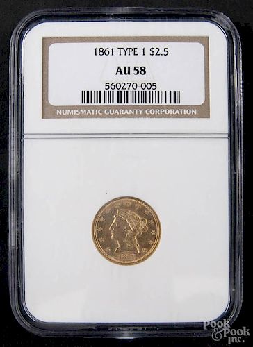 Gold Liberty Head two and a half dollar coin, 1861 type 1, NGC AU-58.