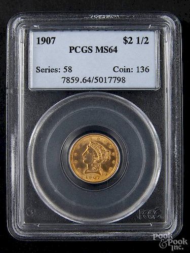 Gold Liberty Head two and a half dollar coin, 1907, PCGS MS-64.