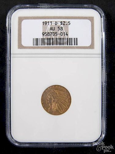 Gold Liberty Head two and a half dollar coin, 1911 D, NGC AU-58.