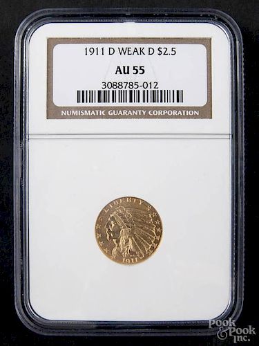 Gold Indian Head two and a half dollar coin, 1911 D (weak D), NGC AU-55.