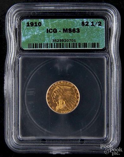 Gold Indian Head two and a half dollar coin, 1910, ICG MS-63.