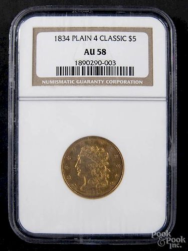 Gold Classy Head five dollar coin, classic plain 4, 1834, NGC AU-58.