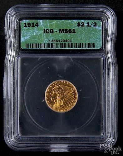 Gold Indian Head two and a half dollar coin, 1914, ICG MS-61.