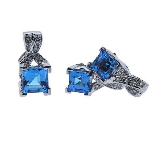 14K Gold Diamond Blue Stone Earrings Pendant Set