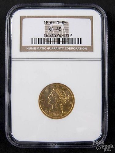 Gold Liberty Head five dollar coin, 1850 C, NGC XF-45.