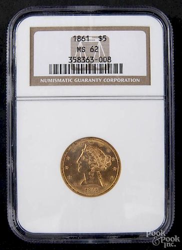 Gold Liberty Head five dollar coin, 1861, NGC MS-62.