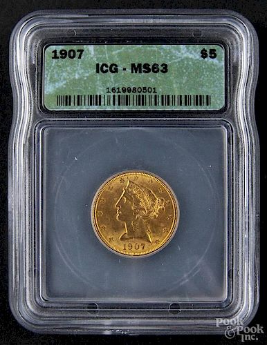 Gold Liberty Head five dollar coin, 1907, ICG MS-63.
