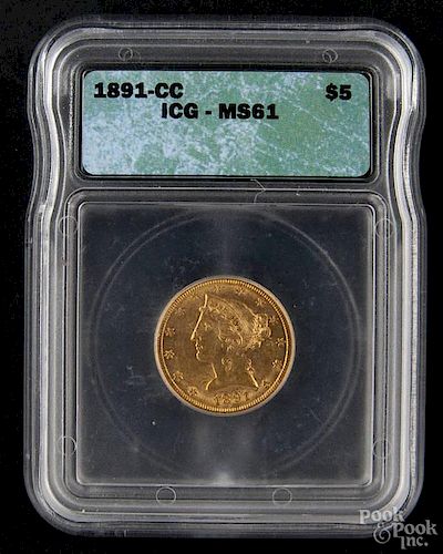 Gold Liberty Head five dollar coin, 1891 CC, ICG MS-61.