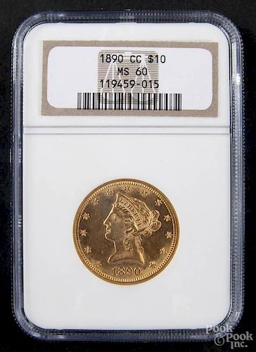 Gold Liberty Head ten dollar coin, 1890 CC, NGC MS-60.