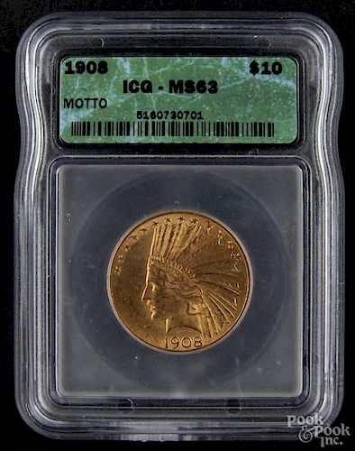 Gold Indian Head ten dollar coin, 1908, ICG MS-63.