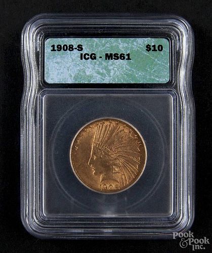 Gold Indian Head ten dollar coin, 1908 S, ICG MS-61.
