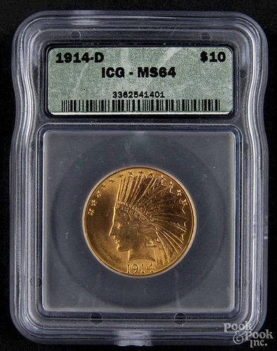 Gold Indian Head ten dollar coin, 1914 D, ICG MS-64.
