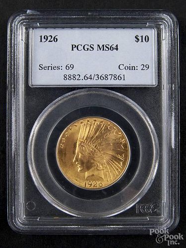 Gold Indian Head ten dollar coin, 1926, PCGS MS-64.